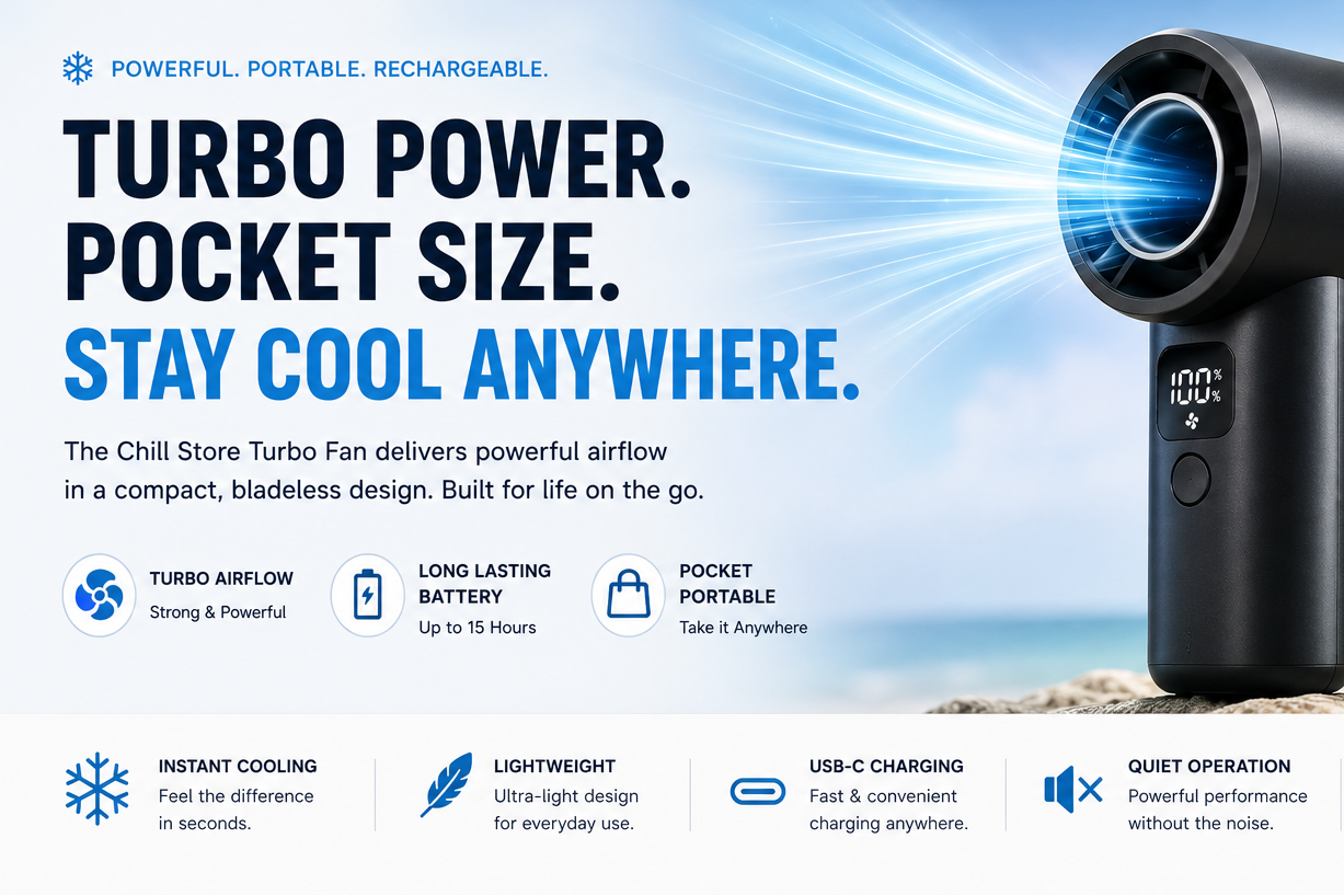 Chill Store website homepage with a turbo power pocket-sized device and promotional text.
